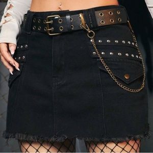 Studded Raw Hem Denim Skirt Black Distressed Size Small S